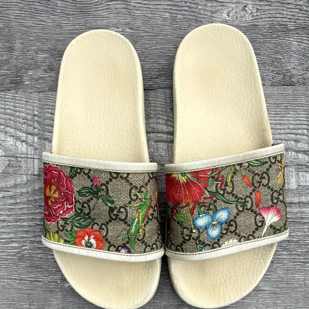 Gucci Women’s GG Blooms Floral Logo Slide Sandals Beige Multicolor US 7.5/8 COA